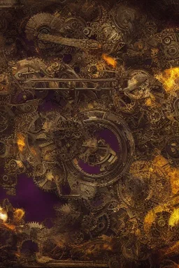 steampunk , landscape , cinamatic, highly detailed, close up, 10k , deep colours, gold , fire , red, purple,dark ,etheral , utopia ,