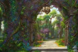 open iron gates made of colorful stained glass, covered in vines, trees, very large entry leading to a lush garden, see lot details in the garden, photo realistic 4k, nature, beautiful hand laid checkered pattern stone walkway path, trending on artstation, sharp focus, studio photo, intricate details, highly detailed, by greg rutkowski