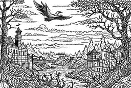 black and white line drawing captures a mysterious landscape. In the distance, a forest burns with towering flames that reach into the skies, while fiery burning birds soar across the apocalyptic horizon. Earthly creatures are in a frenzy, fleeing towards an unknown horizon as they seek refuge from the unfolding chaos. Amongst the desolation, ruins of buildings stand as silent witnesses to the calamity. To the right, bewildered crowds of people gather, their faces reflecting fear and uncertainty