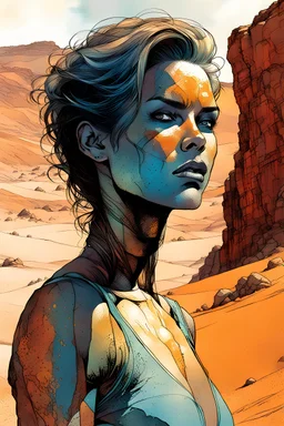 create a fine art print illustration of a rugged gritty, roughly textured Fremen female with highly detailed feminine facial features, traversing a a rocky outcrop amidst the desert sands of Arrakis, dusty, gritty, in the comic book art style of Bill Sienkiewicz, and Jean Giraud Moebius, finely textured, drawn, colored, and inked,