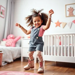 a 2 years old girl in modern clothing and makeup dancing with cute and joy with pertty boots in a baby bedroom