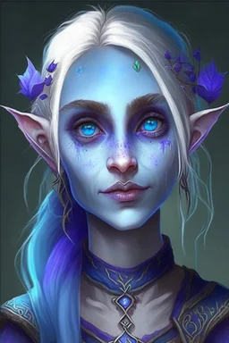 Zella, the youngest of the elven sisters, is the most beautiful. She has beautiful piercing blue eyes, and always has a mischievous smile. She shaves one side of her head. Her loose flowing clothes are a deep purplish hue. She summons small pale blue skulls all around her