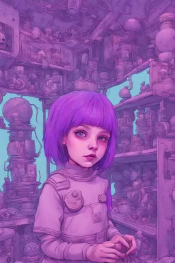 Little girl with violet hair in Cyberpunk wunderkammer painted by Fussli unsane details, soft colors, lot of space around the girl with a lot of strange objects