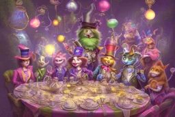 the mad hatter's tea party, long table, the mad hatter, the march ahre, alice, the cheshire cat, alice in wonderland, signpost pointing in different directions, orbs of light, tea pot, teacup, film still