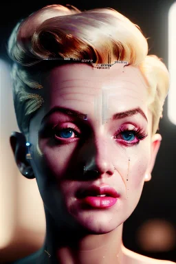 Ultra Realistic image, portrait, blonde woman, sweet Marylin Monroe face, perfect iris, glow eyes. Cyberpunk style. soft color, highly detailed, unreal engine 5, ray tracing, RTX, lumen lighting, ultra detail, volumetric lighting, 3d, finely drawn, high definition, high resolution.