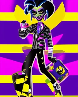 Character from Monster High, male, cannibal, body color is dark, eye color is yellow, sportswear, illustration, cartoon style