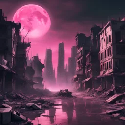 Paisaje de fantasía ciencia ficción, ciudad destruida pos-apocalíptica, bajo una luna llena rosada, en una atmósfera de quietud.