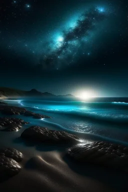 magic sea, realistic, professional photo, 4k, top view, , surf night, full moon, stars in the sky, Milky Way