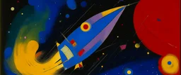 A violet rocket ship in space painted by Wassily Kandinsky