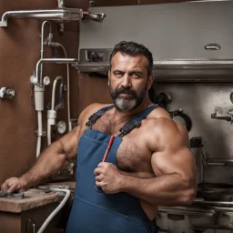 full figure shot photography, turkish plumber repairs boiler, burly massive shirtless, hairy allover, manly chest, muscular big beefy 39 years old