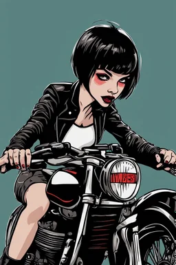 vampire girl with short cropped hair riding a cafe racer motorcycle