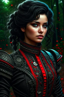 dull body, depth of field, photorealism, downlight, Magic camping site, beautiful, ornate dress uniform, black wavy hair, enchanted fantasy, cinematic composition, very detailed red machine components, one camera lens eye and shiny black hair, hazel green eyes, 24k, ornate, intricate, complex, digital painting, smooth, art by royo and tom bagshaw.