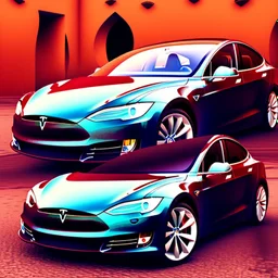 A Tesla's 'Model S Plaid' is parked, within 'Jemaa el-Fnaa', in Marrakesh. CINEMATIC. WIDE ANGLE LENS.