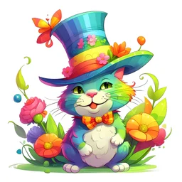 A comical and playful cartoon cat, exuding a vibrant and engaging presence. Its skin appears smooth and glossy, accentuating its round and plump figure. The pepper's most striking feature, however, is the colorful hat it wears. This hat, adorned with a bright and festive array of flowers, ribbons, and other decorative elements, sits atop its head at a jaunty angle, adding a touch of whimsy and charm to its overall appearance. The pepper's facial expression.
