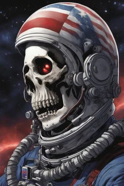 A close up of a skeleton face looking shocked, in an astronaut helmet and suit floating in space. inside the hollow eyes are red shining lights, scary. On his suit is an American flag and in his one hand is a small wavering American flag, on it is written "boned in the USA". From the back of his suit is blowing out blue, white and red smoke. Realistic, 8k, highly detailed, funny