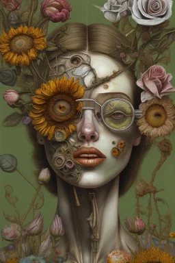 an abstract painting of flowers, by lucian freud and klimpt, rust, scaffolding, iron cladding, decay, mixed media, textured, anatomically correct, two beautiful woman perfect face, green eyes, glasses, sharp focus, highly detailed. desolate background. the royal tenenbaums