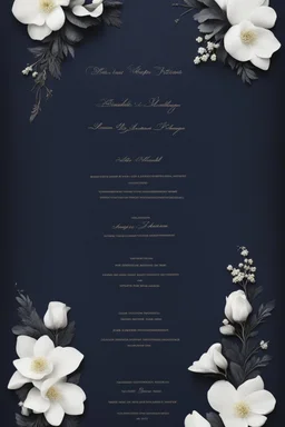 An extremely formal, funeral program for a black man on darkest blue deeply pigmented velvet paper with brilliant, brightest heavy white fonts, simple, minimalistic, less element, very dramatic lighting, detailed, white flowers,