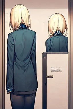 blonde girl with jacket runs in a corridor, back view, line arts, manga style