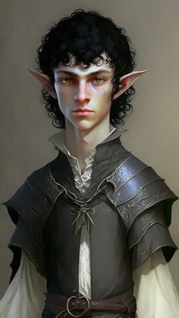 a teen elf. he has curly, black hair and sharp cheekbones. His eyes are black. He wears fantasy medieval clothes. he is lean and tall, with pale skin. with all full body