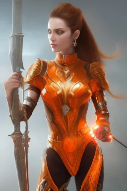 Beautiful futuristic girl, wearing orange glowing armor, orange eye make-up, holding swords, two swords,