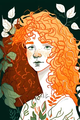 one line painting portrait of orange curly hair white girl holding leafy and cherry plants background