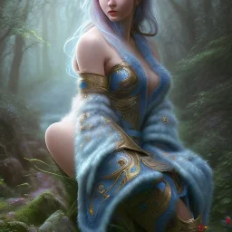 crazy detail, magical forest background, waterfall, blue but cloudy skies,close up of body of cute poet wearing soft robes and gloves,dark stone statue, lively eyes,hidden hands, framed by foliage, runes on dices, warm light, holding up scroll