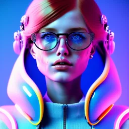 redhead woman teenager, freckles, big pilot glasses, padded coat, retro futuristic, latex dress, gradient color, BLUE, PINK, CYAN, neon, insanely detailed, 16k resolution, perfect eyes, cinematic smooth, intricate detail