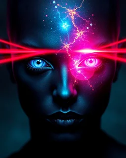 there is a black face with blue eyes and a gold eye, portrait of a cosmic entity, aerochrome eyes, nick knight, neon glowing eyes, large glowing eyes, strange portrait with galaxy, glowing pink face, bright multiple glowing eyes, brightly glowing eyes, magical glowing eyes, glowing pink laser eyes, his eyes are red and glowing