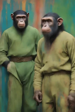 Roddy McDowall and Kim Hunter as Cornelius and Zira the husband-and-wife chimpanzees from Planet of the Apes wearing a thick green cotton tunics and trousers - extremely colorful, multicolored paint splattered wall in the background, oil painting by Leonardo da Vinci