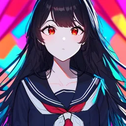 Clear focus, High resolution, long black fluffy hair, red eyes, chopped bangs, wearing a sailor uniform, wearing a sailor skirt, colorful, hollywood, female, no outlines, extreme close up, rough line sketch