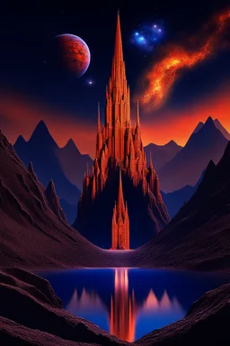 MJ P cosmic panorama, a massive planet with radiant orange and deep blue hues hovering close to an alien landscape. Jagged peaks, serene lakes reflecting the towering gothic spire in the distance, under a tapestry of shooting stars, and interstellar clouds. A solitary figure stands on a rocky outcrop UHD --s 100