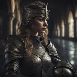 Behold the powerful alluring and pretty knight woman, her body adorned with the traditional knight armor, HDR, beautifully shot, hyperrealistic, sharp focus, 64 megapixels, perfect composition, high contrast, cinematic, atmospheric, moody