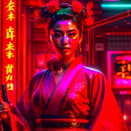 A beautiful cyberpunk samurai in an 8K red kimono