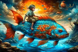 dreamlike, Esao Andrews-esque scene where a barefoot boy in tattered overalls rides atop a colossal, iridescent koi fish through a surreal twilight lagoon, his arms wrapped around the fish's sleek, glistening body as if it were a trusty steed. The fish's scales shimmer with impossible huespearlescent blues melting into burnt orangeswhile its fins fan out like delicate silk banners torn from some celestial tapestry. Around them, the water refracts into liquid prisms, distorting reflections of gna