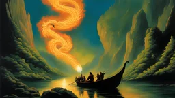 in a river there is a magic orb full of dragon fire. fantasy setting. . painted by Michael whelan