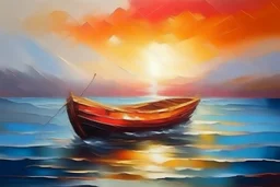 Boat in sea at sunset. oil painting