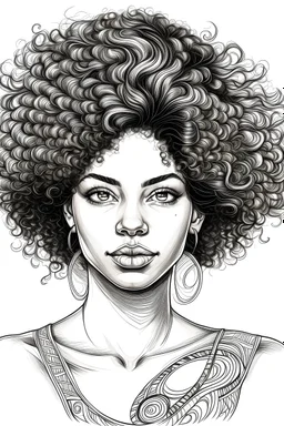 Pages with a beautiful afro american woman's face, white background, Sketch style, only use an outline, Mandala style, clean line art, white background, no shadows, and clear and well outlined