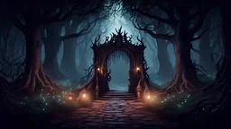 Creepy Dark mystical entrance to an enchanted forest, HD videogame character with dynamic lighting