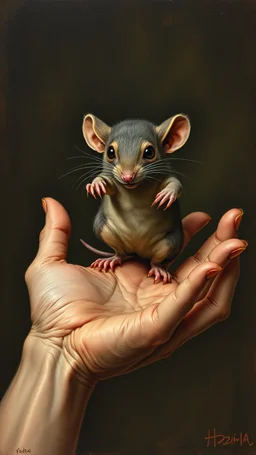 Bosch style painting , A 3D evil hand holding a scary mouse in the palm