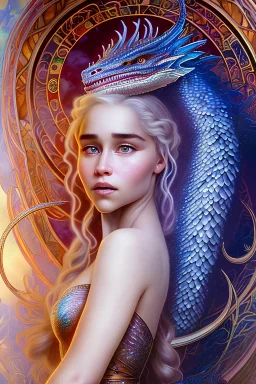 art by Alfons Mucha, stained glass motif, whole body image of beautiful Emilia Clark as Daenerys Targaryen in a mystical enchanted forest standing next to a dragon, HD 4K, sharp detail, photo-realistic accurate face and features, cinematic lighting, award winning imagery