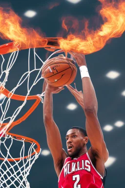 8k, highly realistic and detailed image of a NBA basketball player in action dunking the ball in the net, sweaty hair, screaming look,action and smoke and flames background