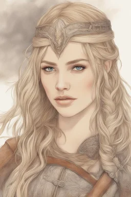 A drawing of beautiful woman with blond hair, viking braids Brown leather armor. Horse