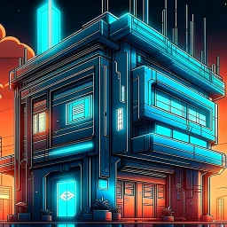 cyberpunk retro futuristic hospital with cross sign for comics