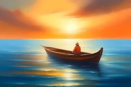 Fisherman in Boat in sea at sunset. oil painting