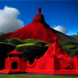 A red fiery castle near a volcano designed in Maori Sculptures painted by Andy Warhol