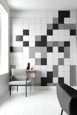 Create a handpainted WALL murala Embrace a minimalist approach by arranging squares in a clean and orderly manner. Use a monochromatic palette for a modern and sophisticated look. Color Palette: White, light grey, graphite, black.