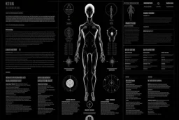 Minimalist infographic of a human, alien-made, extraterrestrial design, clear and legible lorem ipsum text, black grainy background, big text, strange glyphs, text-heavy, high quality, minimalist, alien design, clear and legible, grainy texture, infographics, extraterrestrial layout, detailed text, minimalist design, professional, atmospheric lighting