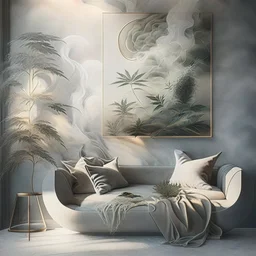 Design an art that potrays pleasure and relaxation derived from indulging in hash and weed, using elements like soft textures, hazy atmospheres, and gentle curves to evoke a sense of tranquility and bliss.