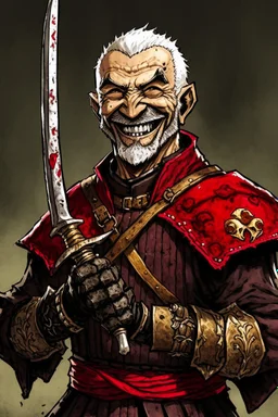 Strand von Zarovich smiling, holding a bloodied sword