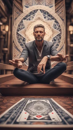 mandala style framed playing card illustration, close up portrait of a man sitting atop a house of cards, arms stretched up, posing for photo shoot in stairs and bridges woven into a sacred geometry , bokeh like f/0.8, tilt-shift lens 8k, high detail, smooth render, down-light, unreal engine, prize winning